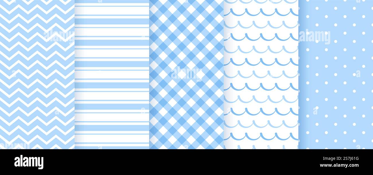 Motif sans couture pour bébé garçon. Arrière-plans bleus. Imprimés géométriques pastel. Vecteur. Ensemble de textures pour enfants.. Motifs pastel pour douche bébé. Arrière-plans sans couture pour bébé fille. Illustration vectorielle. Illustration de Vecteur