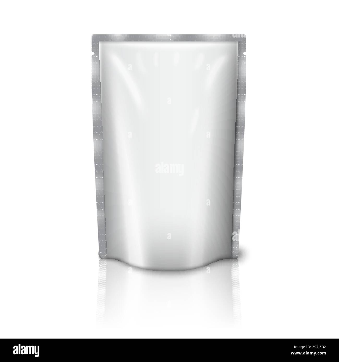 Pochette blanche blanche en plastique réaliste isolée sur fond blanc avec réflexion et place pour votre conception et votre marque. Illustration vectorielle. Poche en plastique réaliste vierge isolée sur fond blanc. Vecteur Illustration de Vecteur
