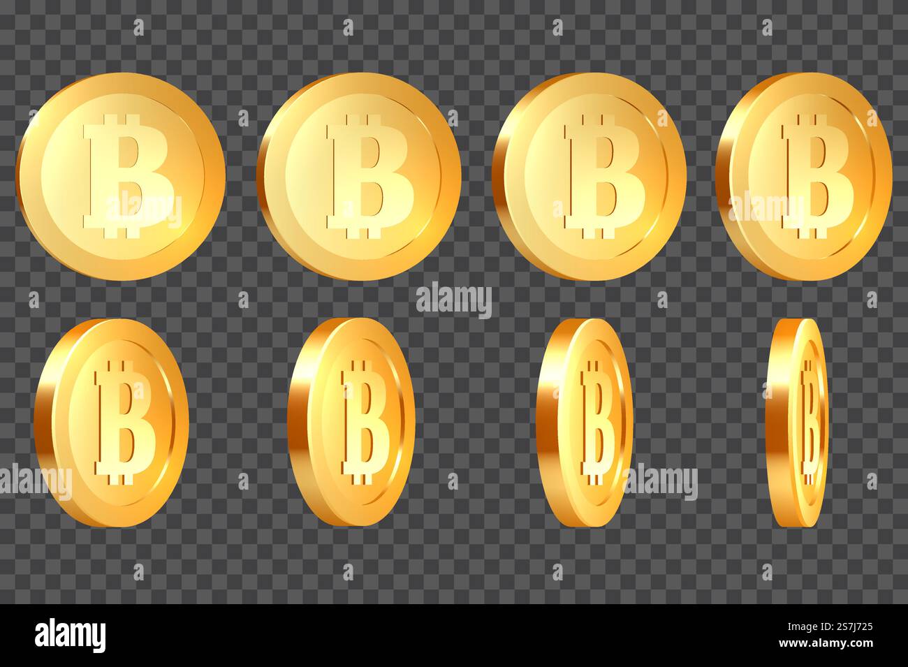 Ensemble de bitcoins métalliques dorés 3d réalistes, avec rotation à 10-80 degrés, isolé sur fond transparent. Illustration vectorielle.. Ensemble de bitcoins métalliques 3D. Illustration de Vecteur