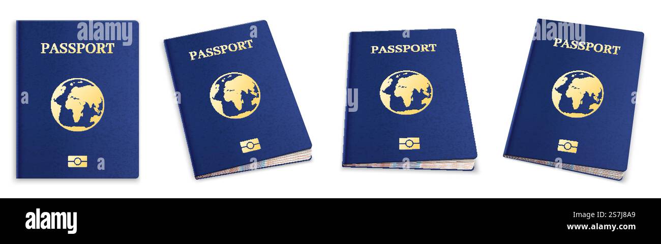 Ensemble de passeport 3D réaliste. Modèle de couverture de passeport international pour voyager, immigration personnelle. Document ID bleu avec globe pour objectif de tourisme, illustration vectorielle de données personnelles.. Passeport 3D réaliste. Modèle de couverture de passeport international pour voyager, immigration personnelle. Document ID bleu avec ensemble de vecteurs globe. Illustration de Vecteur