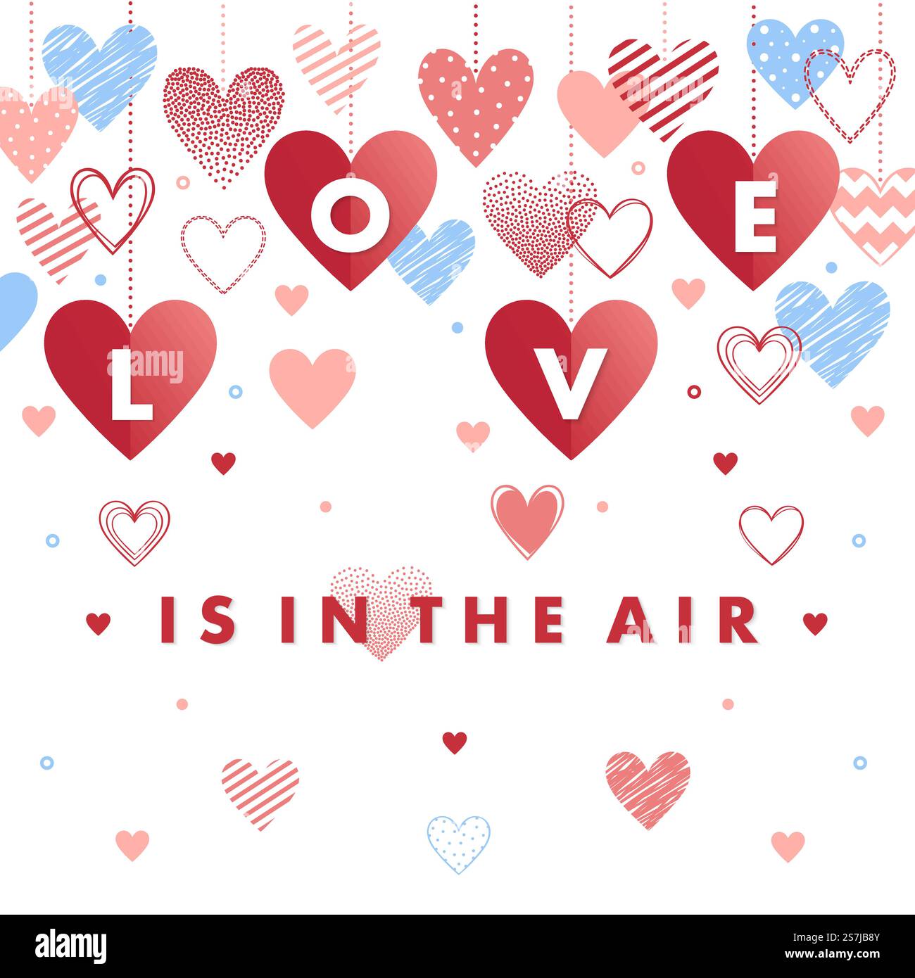 L'amour est dans l'air - carte de voeux avec différents cœurs. Illustration romantique parfait pour concevoir des cartes de vœux, des impressions, des flyers, des affiches, des invitations de vacances et plus encore. Carte de Saint-Valentin vectorielle.. Carte de Saint-Valentin vectorielle Illustration de Vecteur