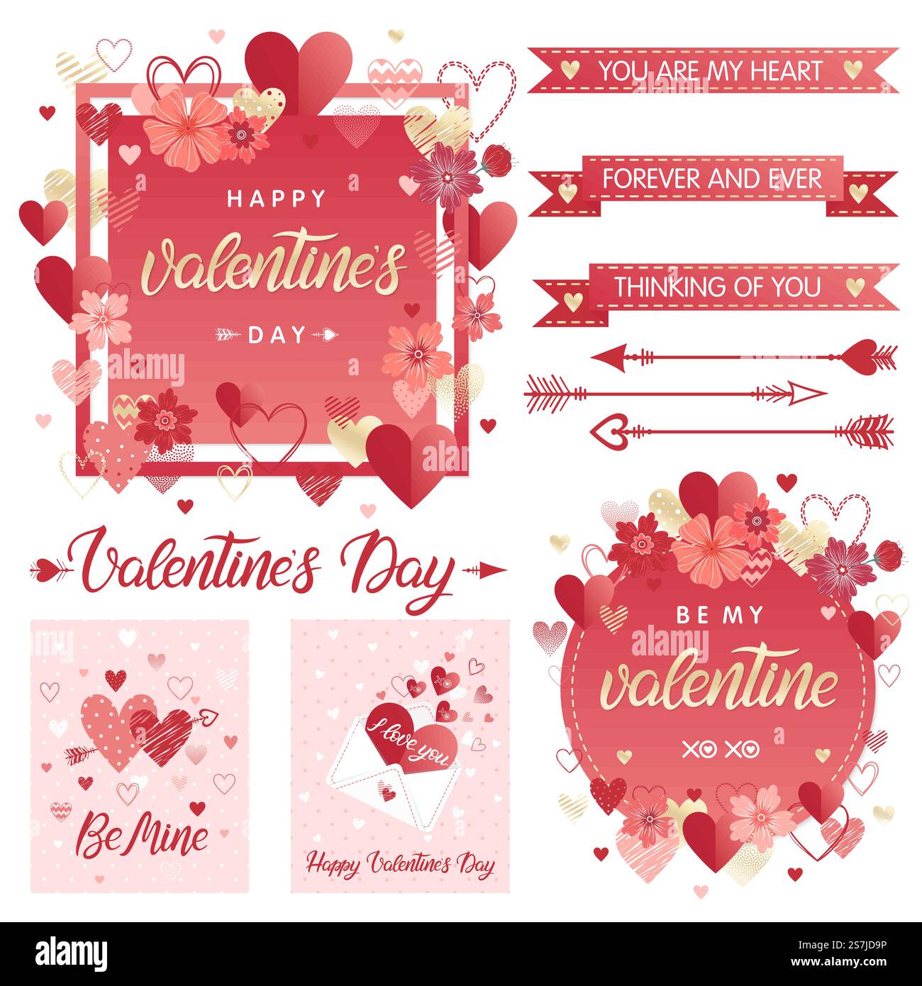 Collection de cartes et d'éléments créatifs pour la Saint-Valentin. Lettrage dessiné à la main avec des flèches, des rubans et des coeurs en feuille d'or. Illustrations romantiques parfaites pour les tirages, flyers, affiches, invitations et plus encore.. Collection de cartes et d'éléments créatifs pour la Saint-Valentin Illustration de Vecteur