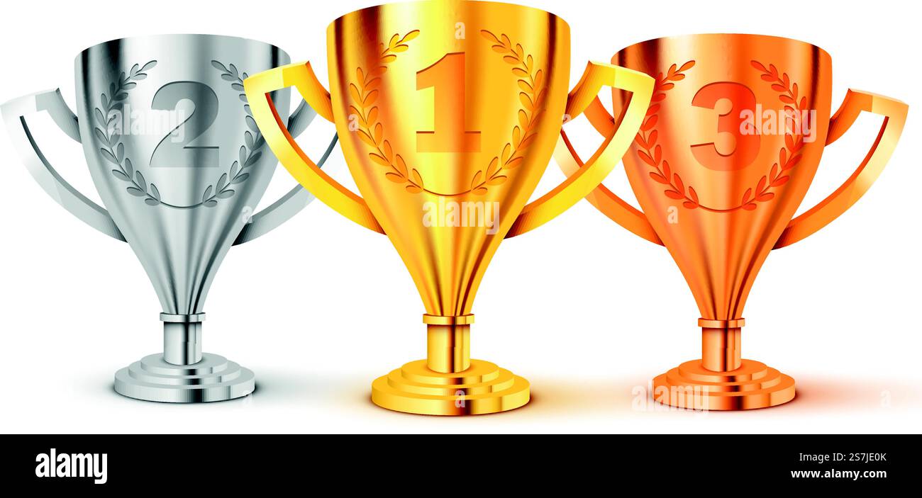Trophée d'or réaliste. Première deuxième et troisième place. Or, argent et bronze. Illustration vectorielle Illustration de Vecteur