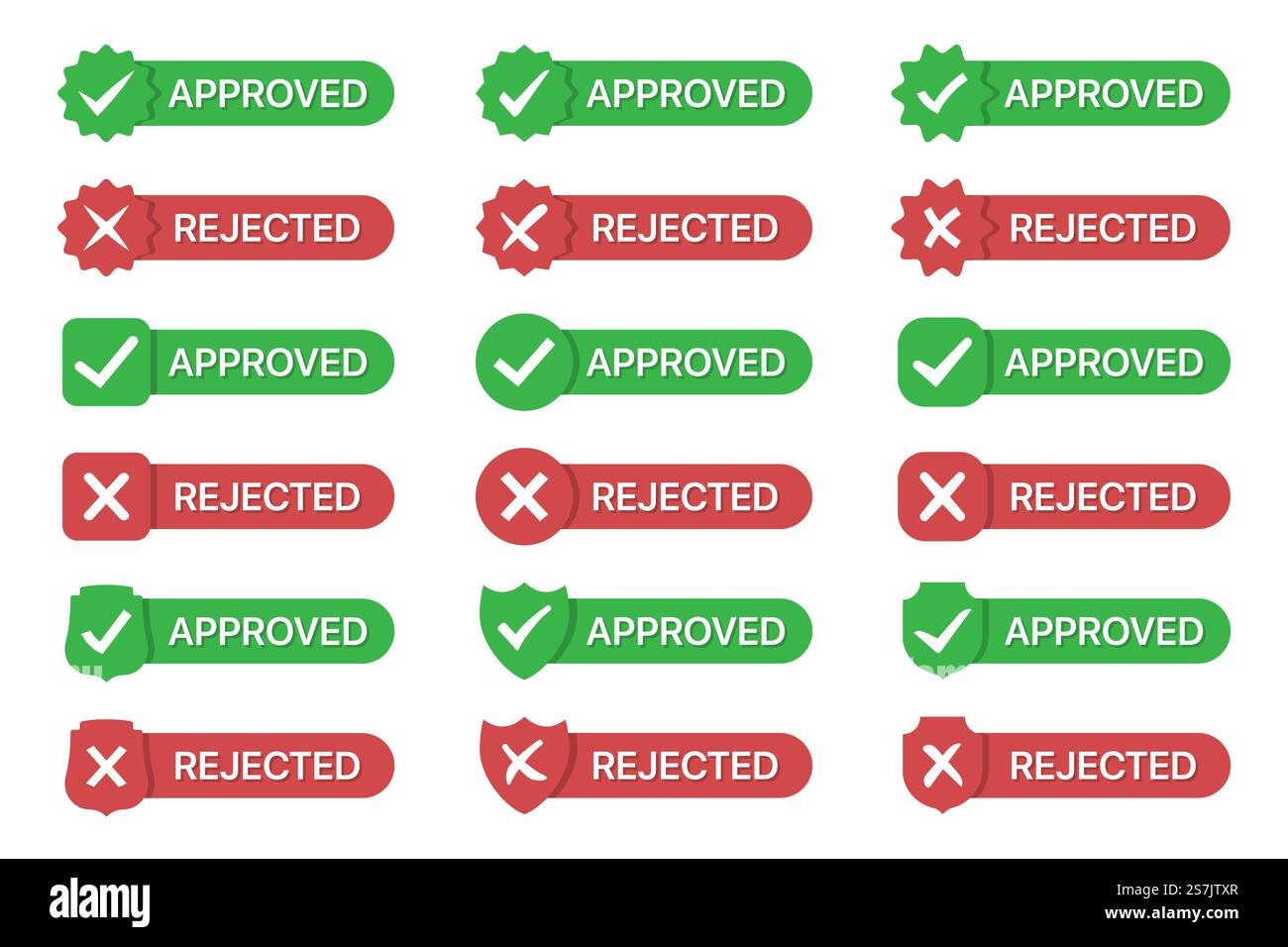 Ensemble de badges approuvés et rejetés dans un modèle plat Illustration de Vecteur
