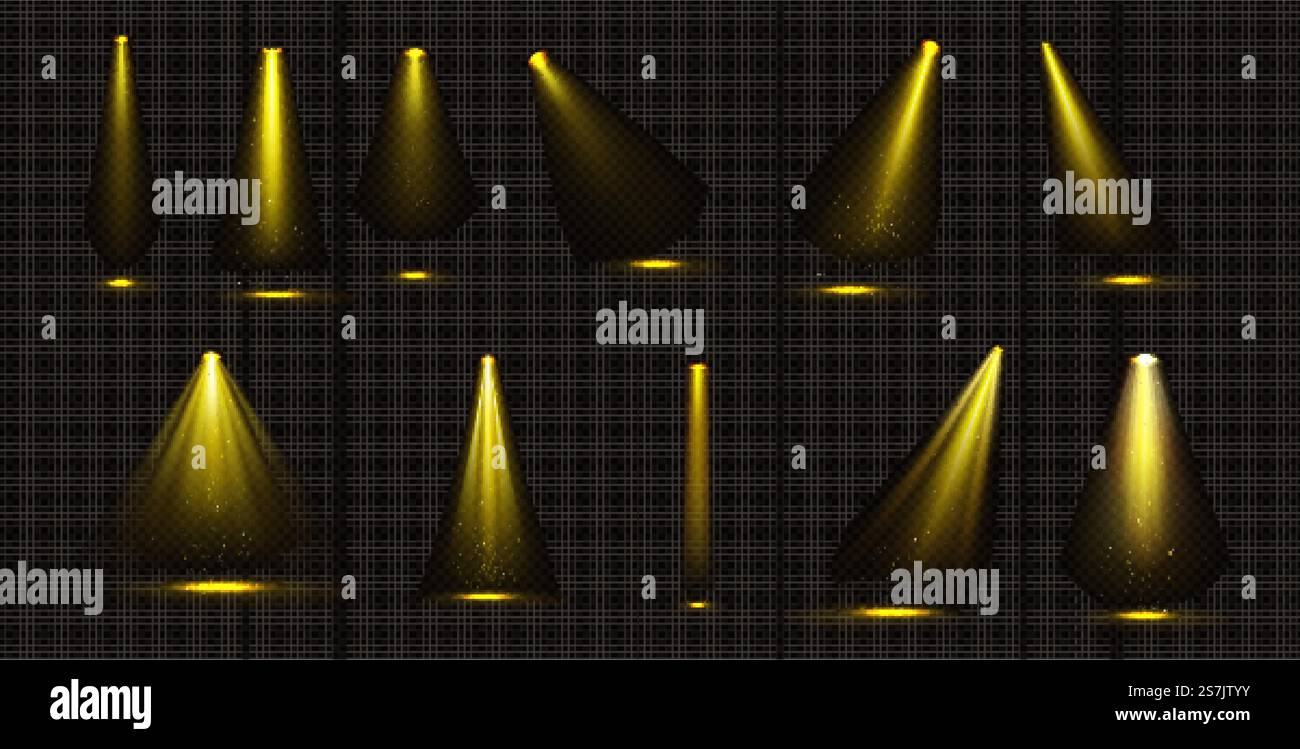Lumières de scène, faisceaux de projecteurs jaunes avec des étincelles d'or, éléments incandescents pour la scène de studio ou de théâtre, rayons de lampe pour concert, spectacle, présentation isolée sur fond noir, ensemble vectoriel 3d réaliste. Lumières de scène, poutres jaunes avec étincelles dorées Illustration de Vecteur