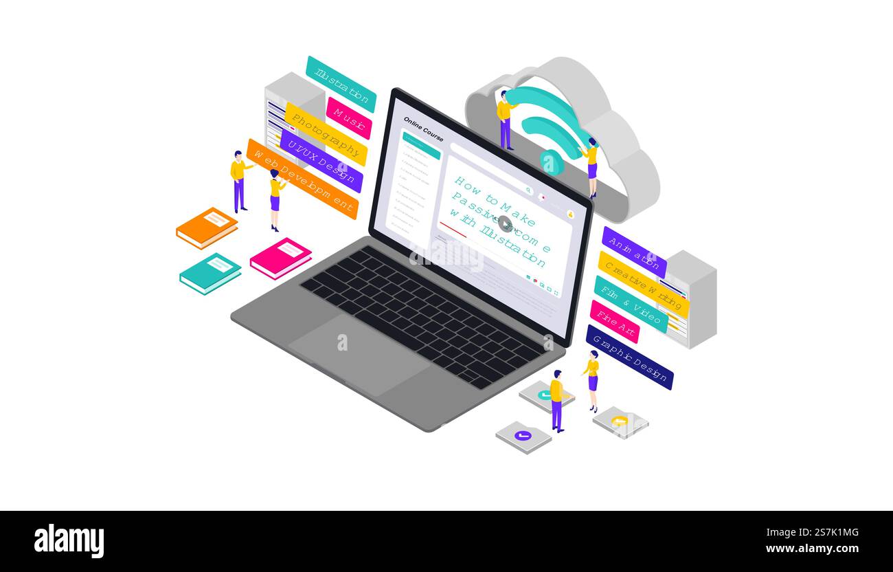 Cours en ligne Isomtric 3d illustration vectorielle, adapté aux bannières Web, diagrammes, infographies, illustration de livre, actif de jeu, et autres ressources graphiques Illustration de Vecteur
