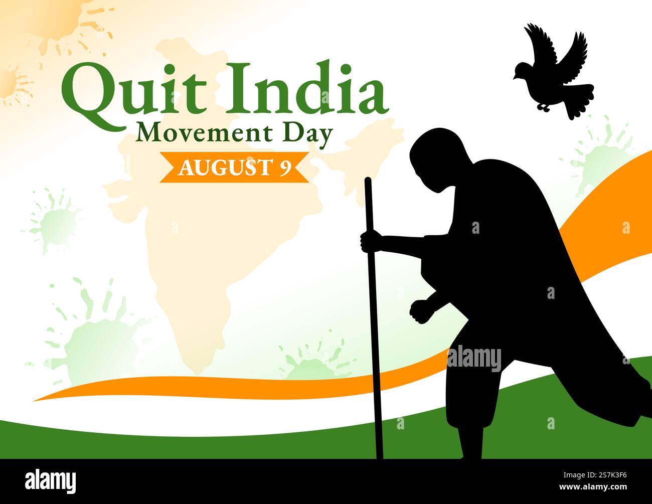 Quittez l'illustration du vecteur de la Journée du mouvement de l'Inde le 9 août avec le drapeau indien et la silhouette de gens dans des modèles d'arrière-plan dessinés à la main de dessin de dessin animé à plat Illustration de Vecteur