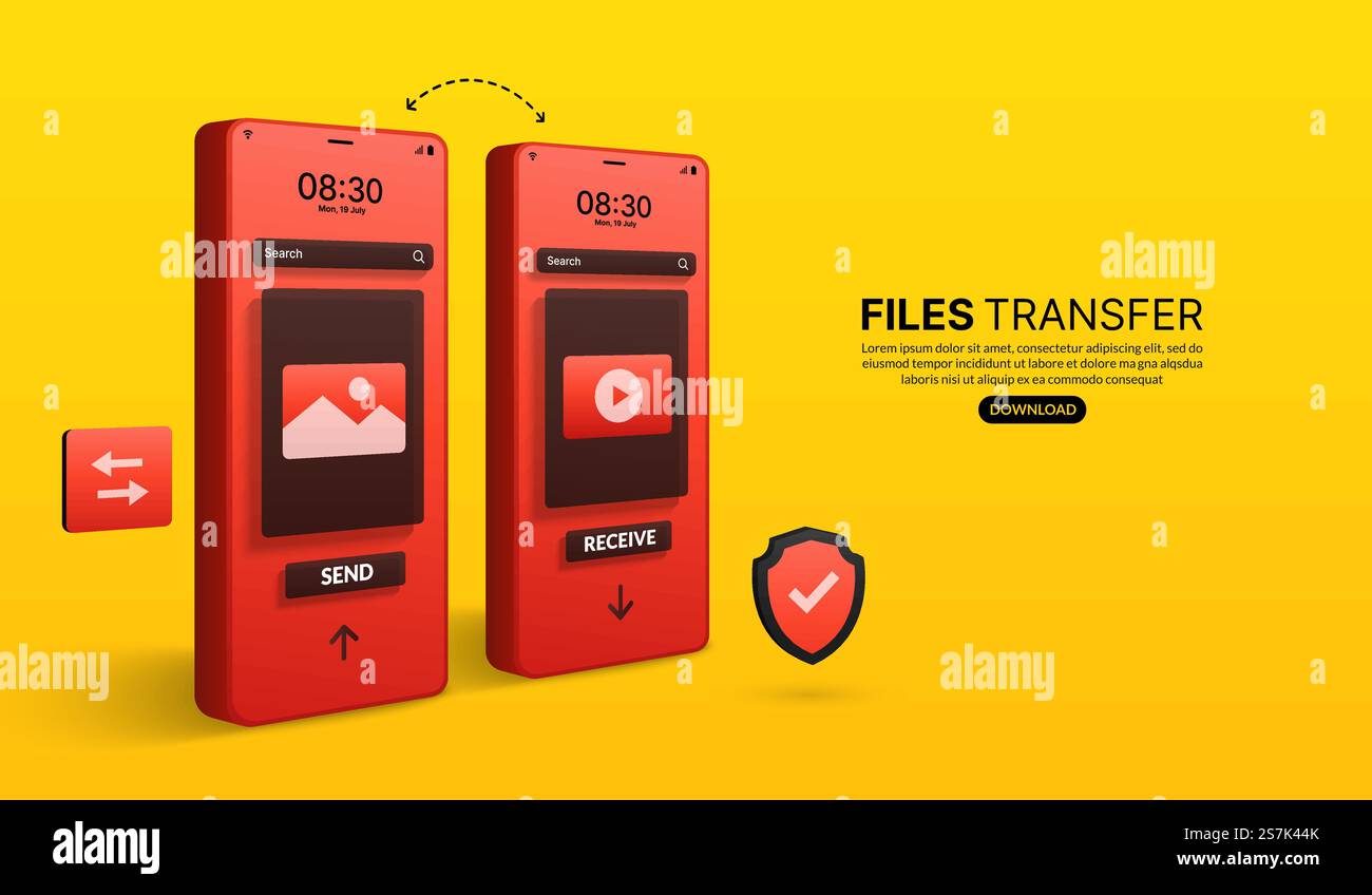 Concept de transfert de fichiers et de transmission de données, partage de fichiers en ligne par application smartphone Illustration de Vecteur