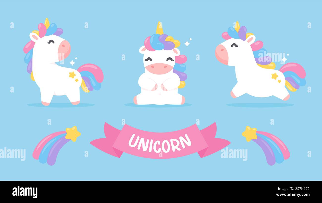 Ensemble de dessins animés de cheval de licorne mignon avec une étoile filante pastel arc-en-ciel isolée sur fond Illustration de Vecteur