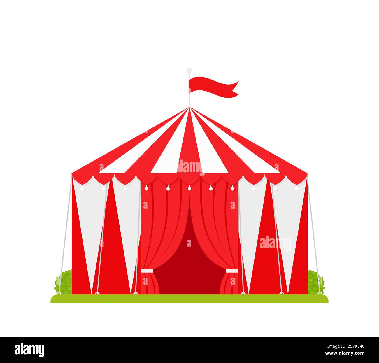 Tente de cirque. Vecteur. Chapiteau de carnaval. Cirque blanc rouge festival avec entrée ouverte et drapeau. Tente de cirque. Illustration vectorielle. Marquise rouge de carnaval. Conception plate. Illustration de Vecteur