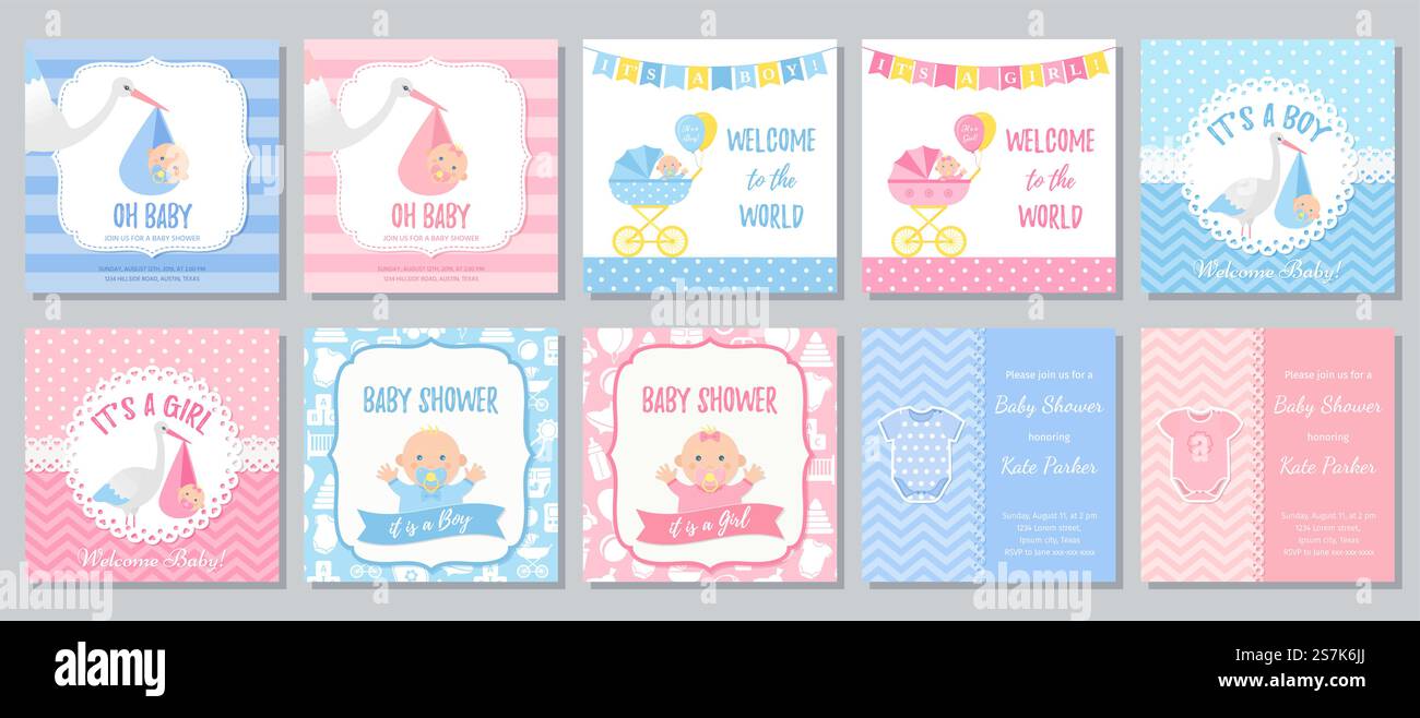 Carte de douche pour bébé. Vecteur. Invitation bébé garçon fille. Bannière de modèle d'invitation de bienvenue. Motif bleu et rose. Fond de fête de naissance. Placez les affiches de vœux avec le nouveau-né, la cigogne, la poussette. Illustration de dessin animé. Motif carte de douche pour bébé. Illustration vectorielle. Invitation de modèle. Illustration de Vecteur