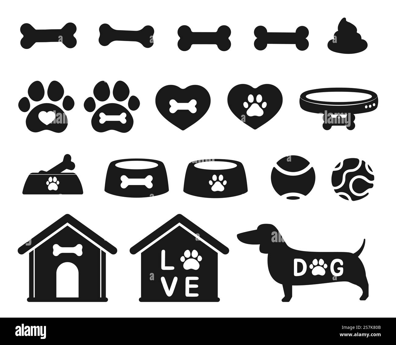Ensemble d'icônes de magasin d'animaux de compagnie accessoire pour l'os de boule de chien et la maison isolé sur fond blanc. Illustration de Vecteur