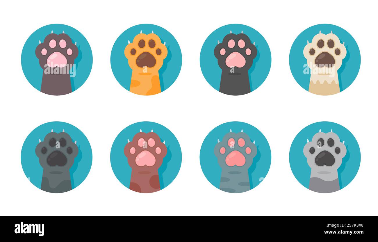 Jeu de pattes de chat différentes espèces de dessins de main de chaton mignon isolé de l'arrière-plan. Illustration de Vecteur