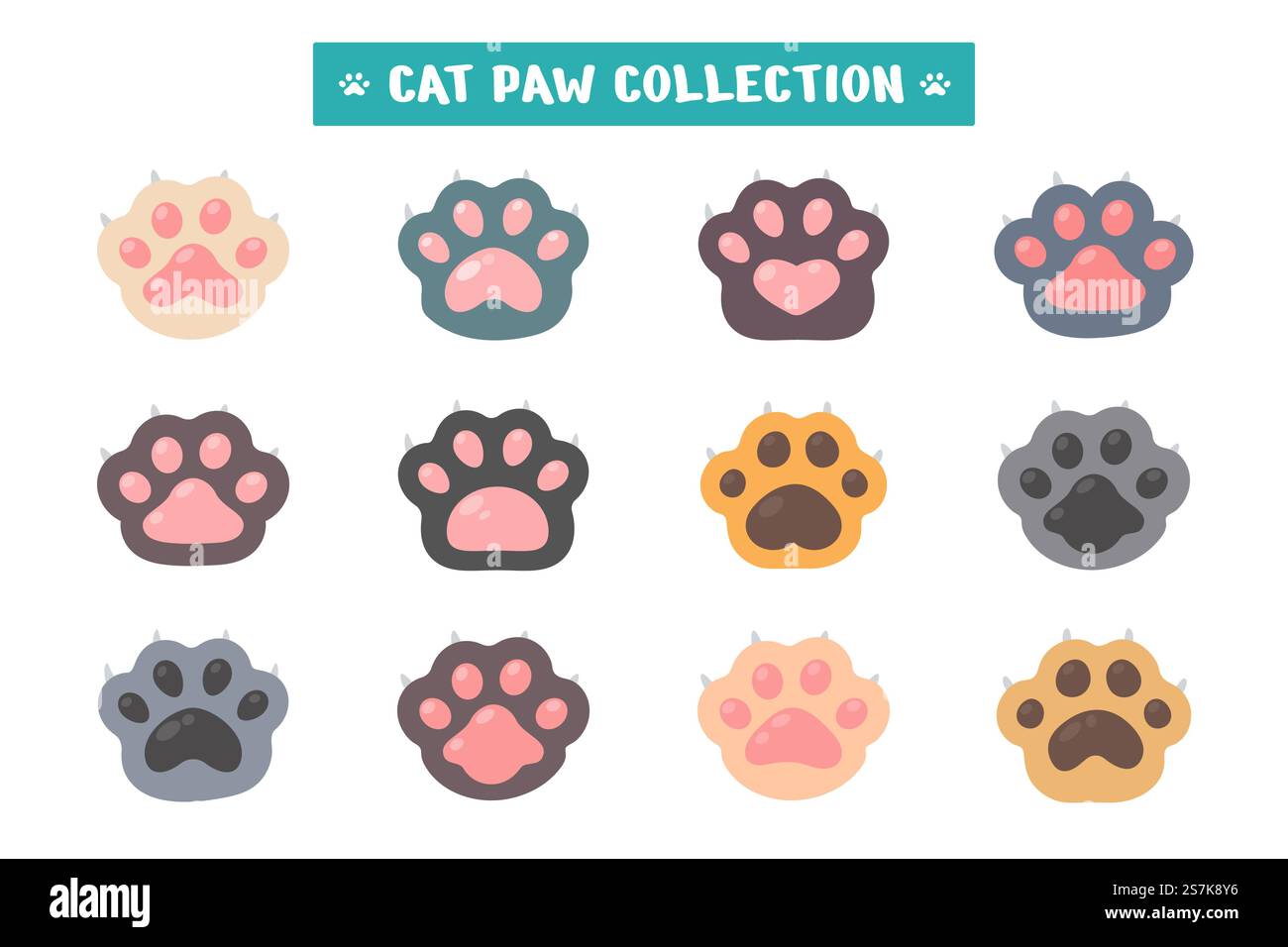 Jeu de pattes de chat différentes espèces de dessins de main de chaton mignon isolé de l'arrière-plan. Illustration de Vecteur