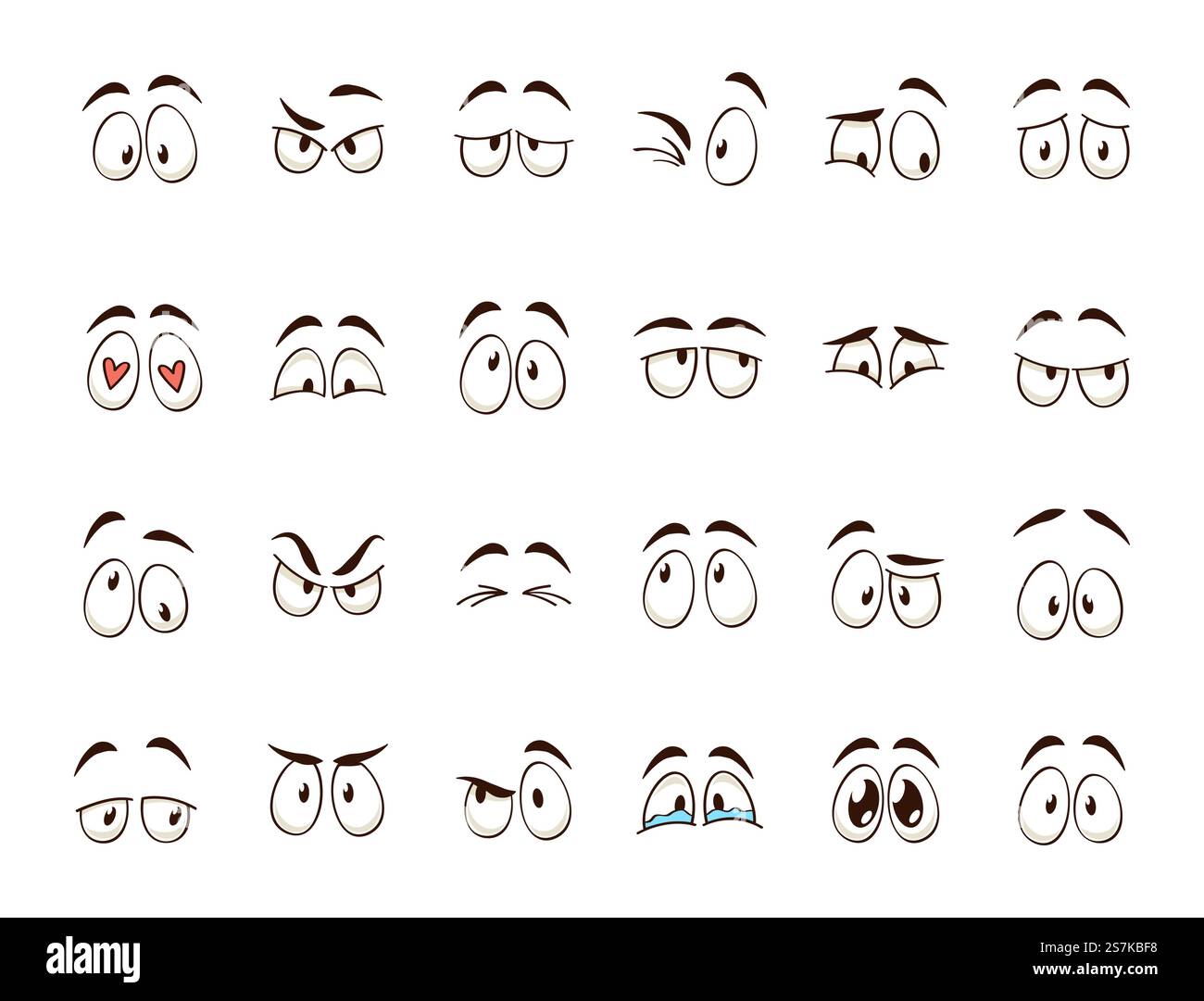 Yeux de dessin animé. Expression comique des yeux et des sourcils de caractère souriant, pleurant et surpris. Caricature gribouille émotions ou émoticône. Icônes d'illustration vectorielle isolées définies. Yeux de dessin animé. Expressions d'oeil de personnage comique souriant, pleurant et surpris. La caricature gribouille les émotions. Icônes d'illustration vectorielle isolées définies Illustration de Vecteur