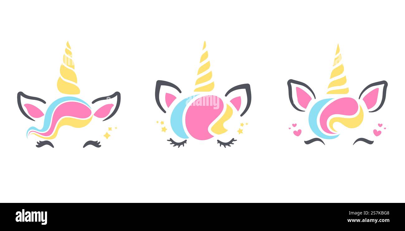 Beau visage de licorne pour concevoir des cartes de voeux comme cadeau d'anniversaire pour les filles. Illustration de Vecteur