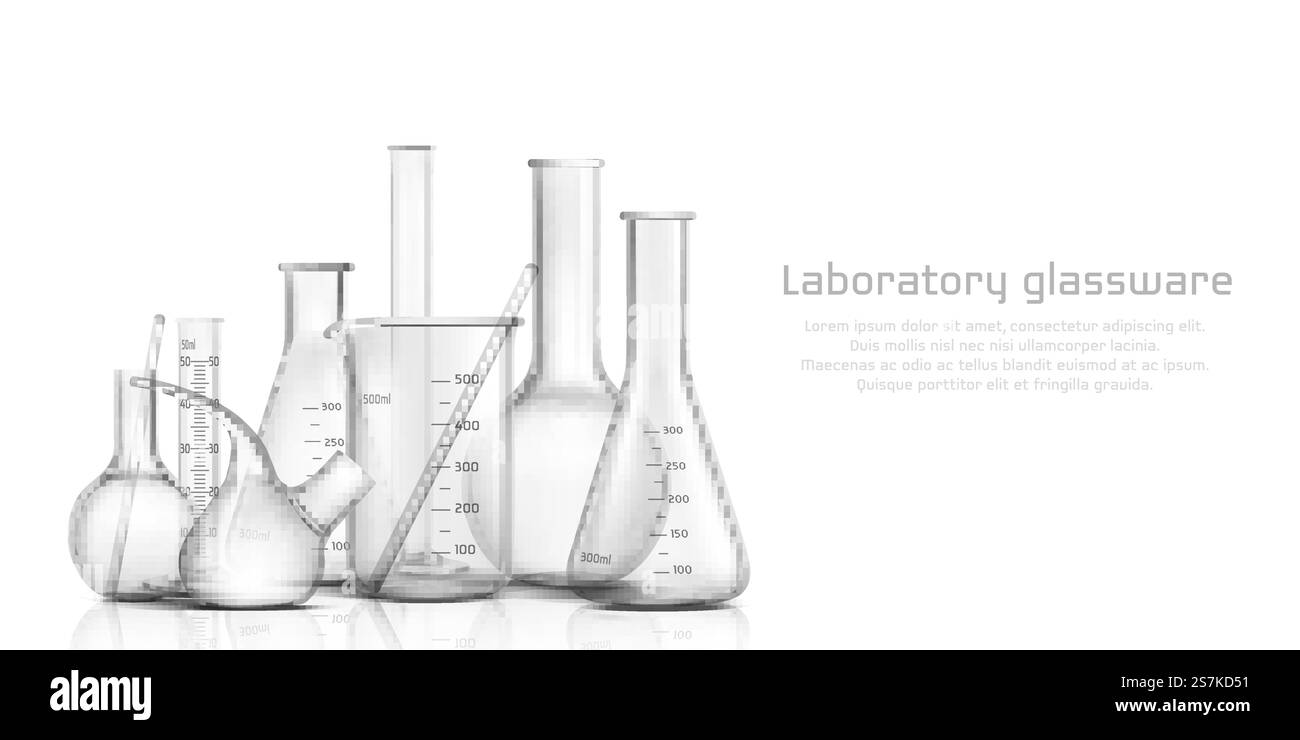 Chimie, science biologique collection de verrerie de laboratoire 3d bannière vectorielle réaliste, affiche. Vide, gradué avec un tube en verre à l'échelle des millilitres, bécher et illustration de flacon sur fond blanc. Bannière vectorielle réaliste 3d de verrerie de laboratoire Illustration de Vecteur