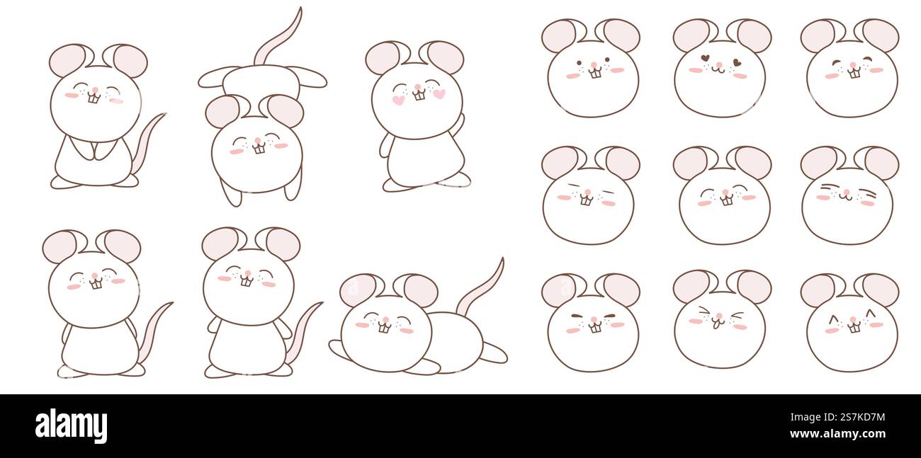Collection de personnages de rat de dessin animé mignon, avec différentes émotions, illustrations dessinées à la main. Illustration de Vecteur