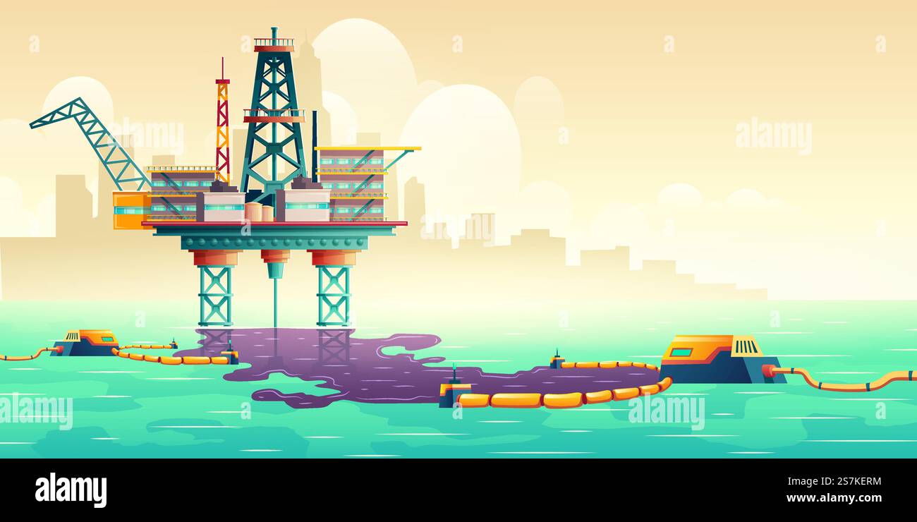 Accident de déversement d'huile sur l'illustration vectorielle de dessin animé de plate-forme de plate-forme de forage maritime. Filtres nettoyant les taches d'huile à la surface de l'eau. Catastrophe technogénique, écologique, liquidation des catastrophes environnementales. Concept de vecteur de technologie de liquidation de déversement de pétrole Illustration de Vecteur
