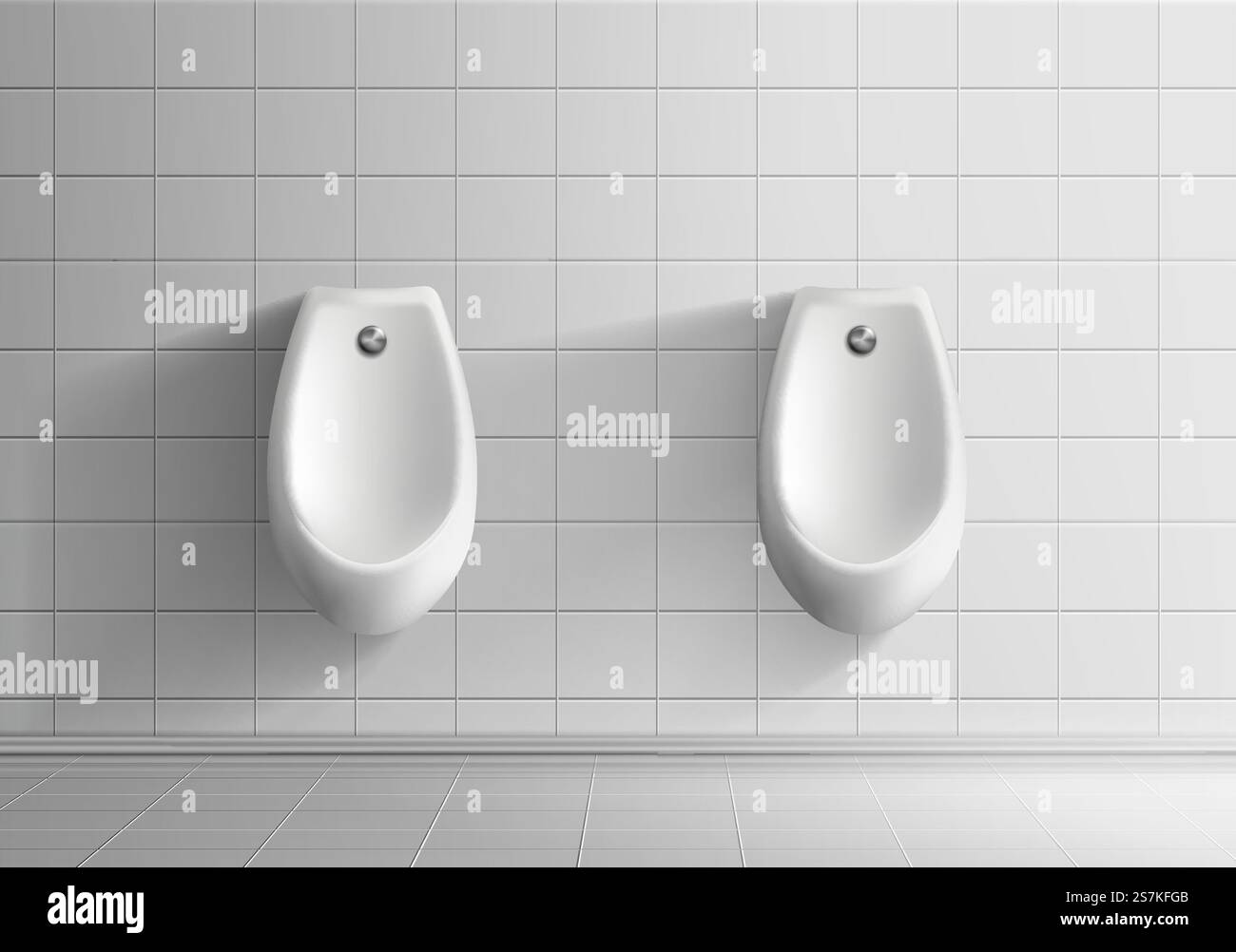 Salle de toilette publique pour hommes maquette vectorielle réaliste 3D. Nettoyer les urinoirs en céramique avec le bouton de chasse d'eau en métal accroché à l'illustration murale carrelée blanche. Eléments de design intérieur de toilettes d'hôtel ou de restaurant. Urinoirs dans le vecteur réaliste des toilettes publiques pour hommes Illustration de Vecteur