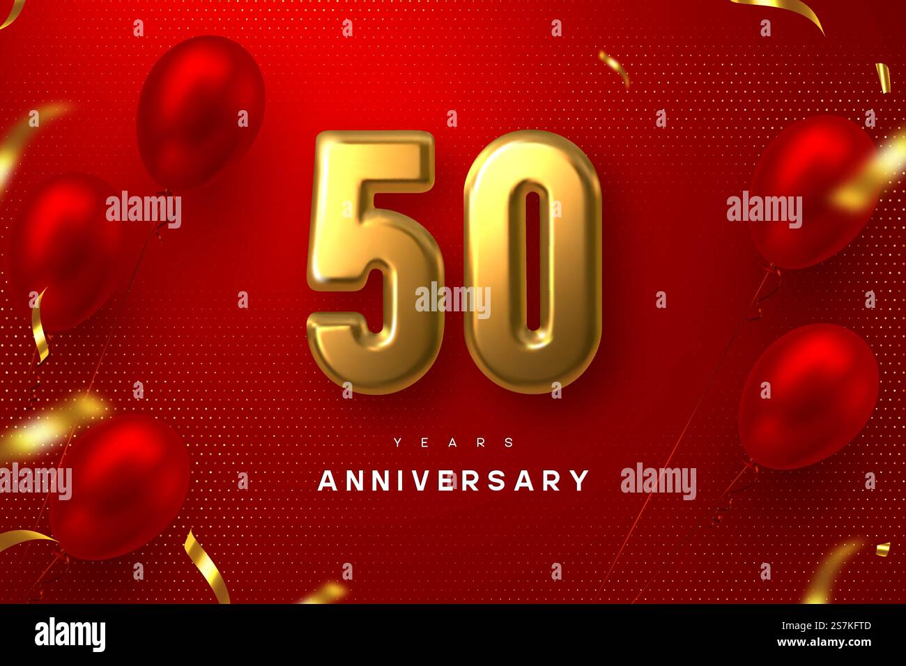 bannière de célébration d'anniversaire de 50 ans. 3d numéro métallique doré 50 et ballons brillants avec des confettis sur fond rouge tacheté. Modèle réaliste vectoriel.. bannière de célébration d'anniversaire de 50 ans. Illustration de Vecteur