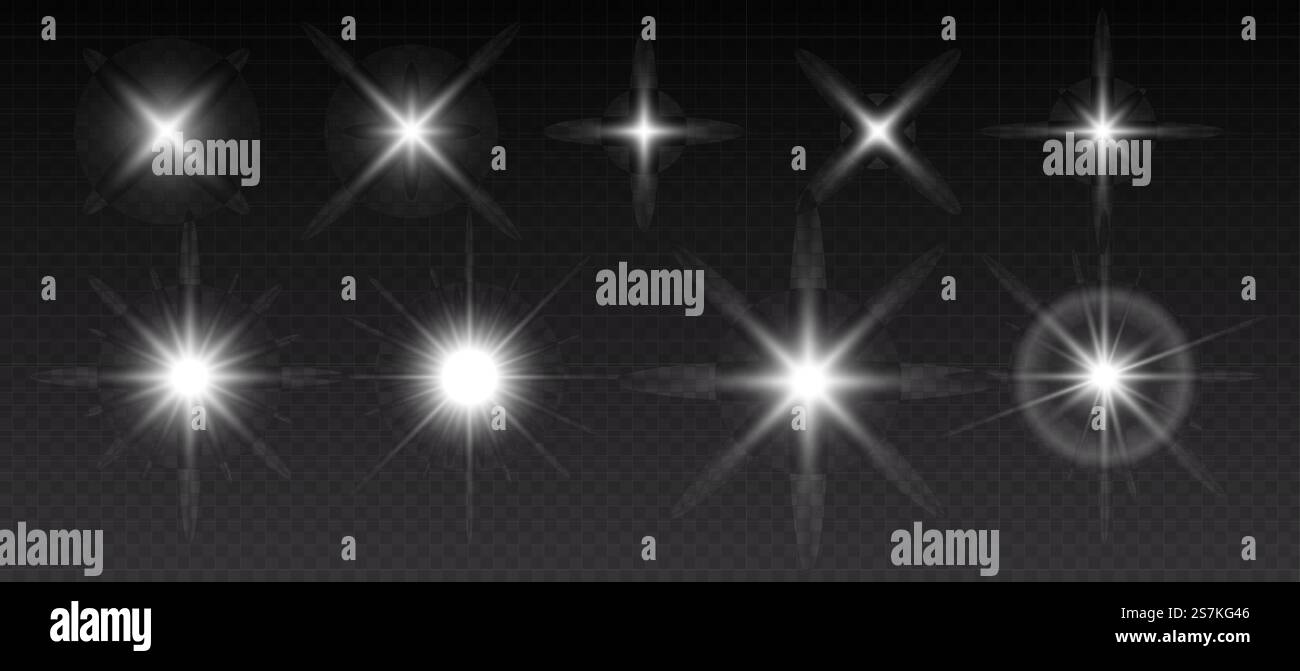 Étoiles étincelantes, lumières scintillantes et clignotantes. Collection de différents effets de lumière sur fond noir. Illustration vectorielle réaliste. Étoiles étincelantes, lumières scintillantes et clignotantes. Collection de différents effets de lumière Illustration de Vecteur