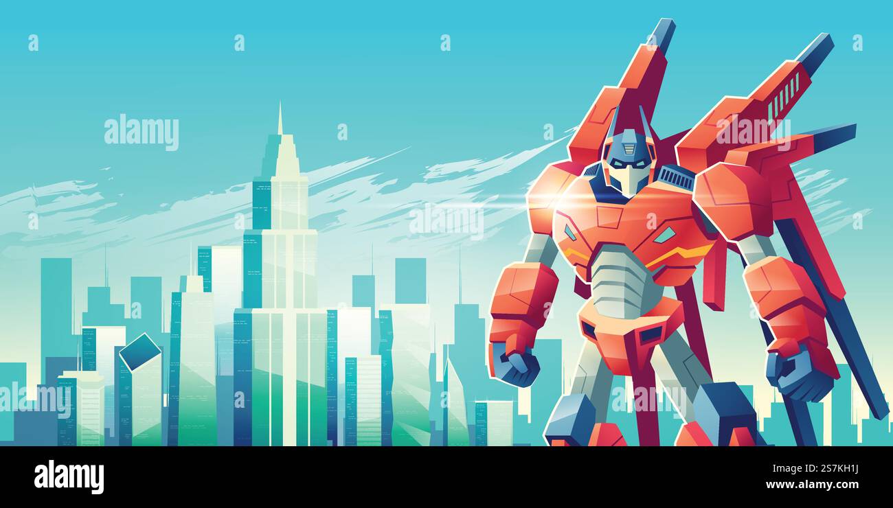 Guerrier robot transformateur puissant debout avec des poings serrés sur fond de gratte-ciel de ville moderne tours de dessin animé illustration vectorielle. Soldat extraterrestre protégeant le concept de métropole avec copyspace. Guerrier robot extraterrestre dans le vecteur de dessin animé de métropole Illustration de Vecteur