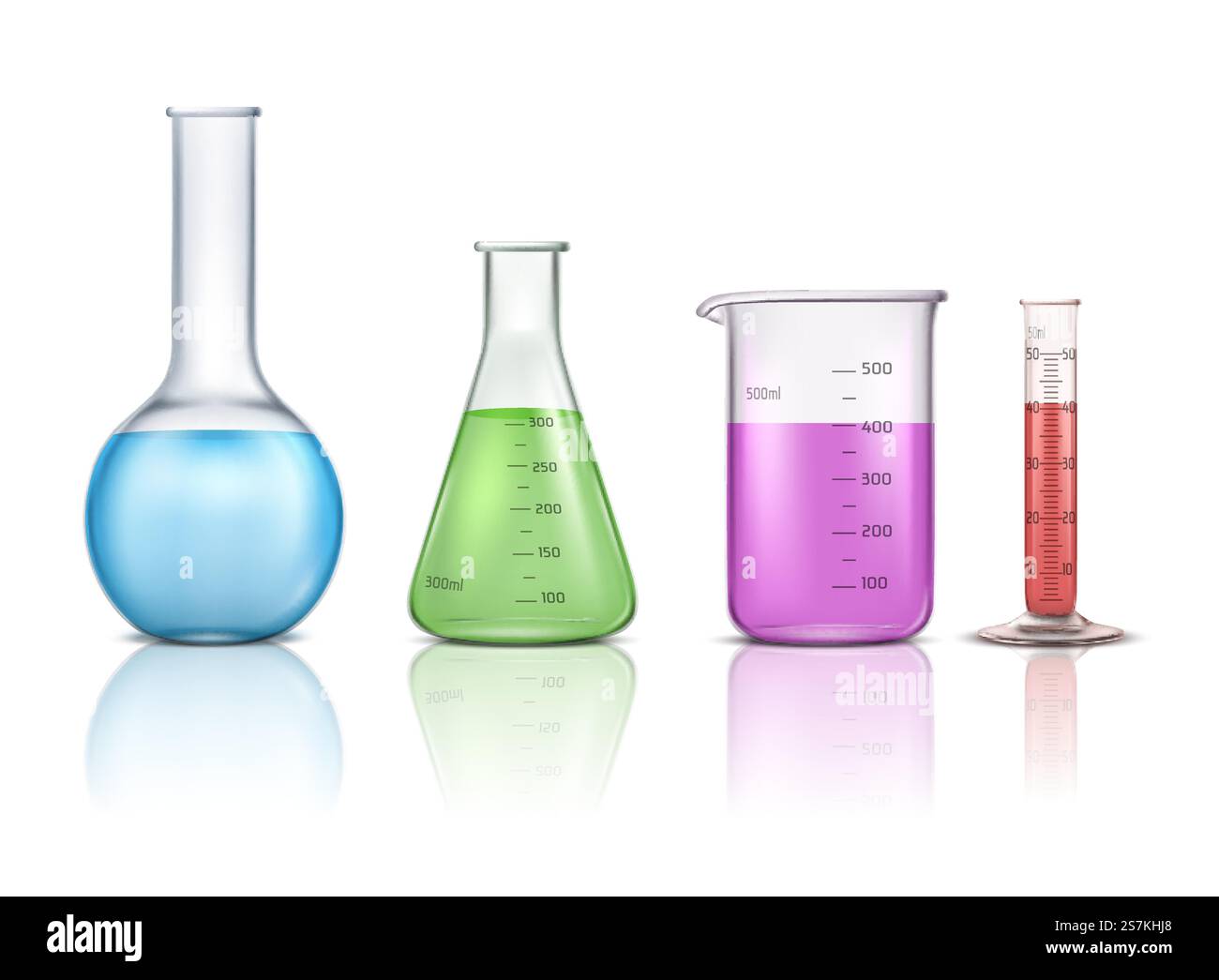 Ensemble de vecteur réaliste 3d de verrerie de laboratoire isolé sur fond blanc. Illustration du tube de laboratoire gradué, du bécher et du flacon rempli de liquides de différentes couleurs. EQUIPEMENT pour la collecte de tests chimiques. Jeu de vecteurs réalistes 3d de verrerie de laboratoire Illustration de Vecteur