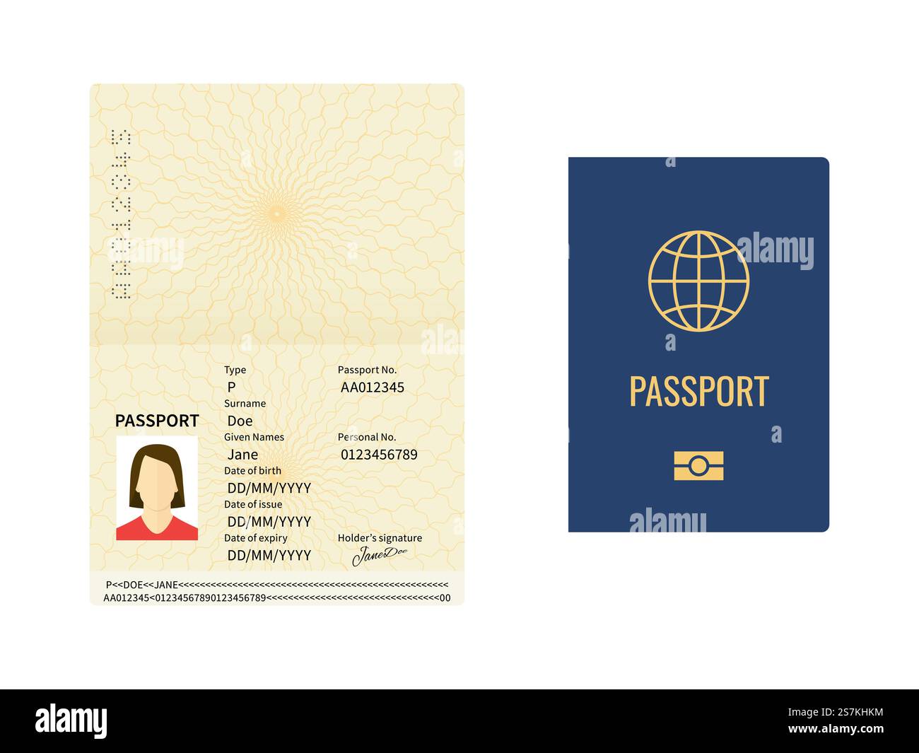 Modèle de passeport international. Document fermé et ouvert pour le voyage, pages d'identité avec photo féminine, données d'échantillon et ensemble de vecteur de signature officiel. Modèle de passeport international. Document fermé et ouvert pour le voyage, pages d'identité avec photo féminine, données d'échantillon et vecteur de signature Illustration de Vecteur
