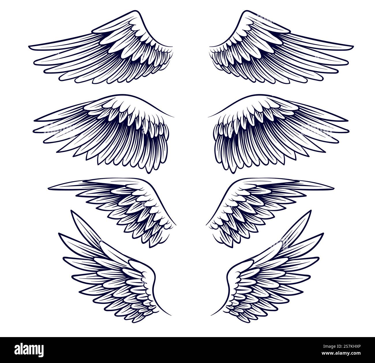 Aile dessinée à la main. Esquissez des ailes d'ange avec des plumes, des éléments pour logo, étiquette ou tatouage. Ensemble de dessin vectoriel isolé vintage silhouettes de pochoir. Aile dessinée à la main. Esquissez des ailes d'ange avec des plumes, des éléments pour logo, étiquette ou tatouage. Silhouettes de pochoir vintage ensemble de vecteur isolé Illustration de Vecteur