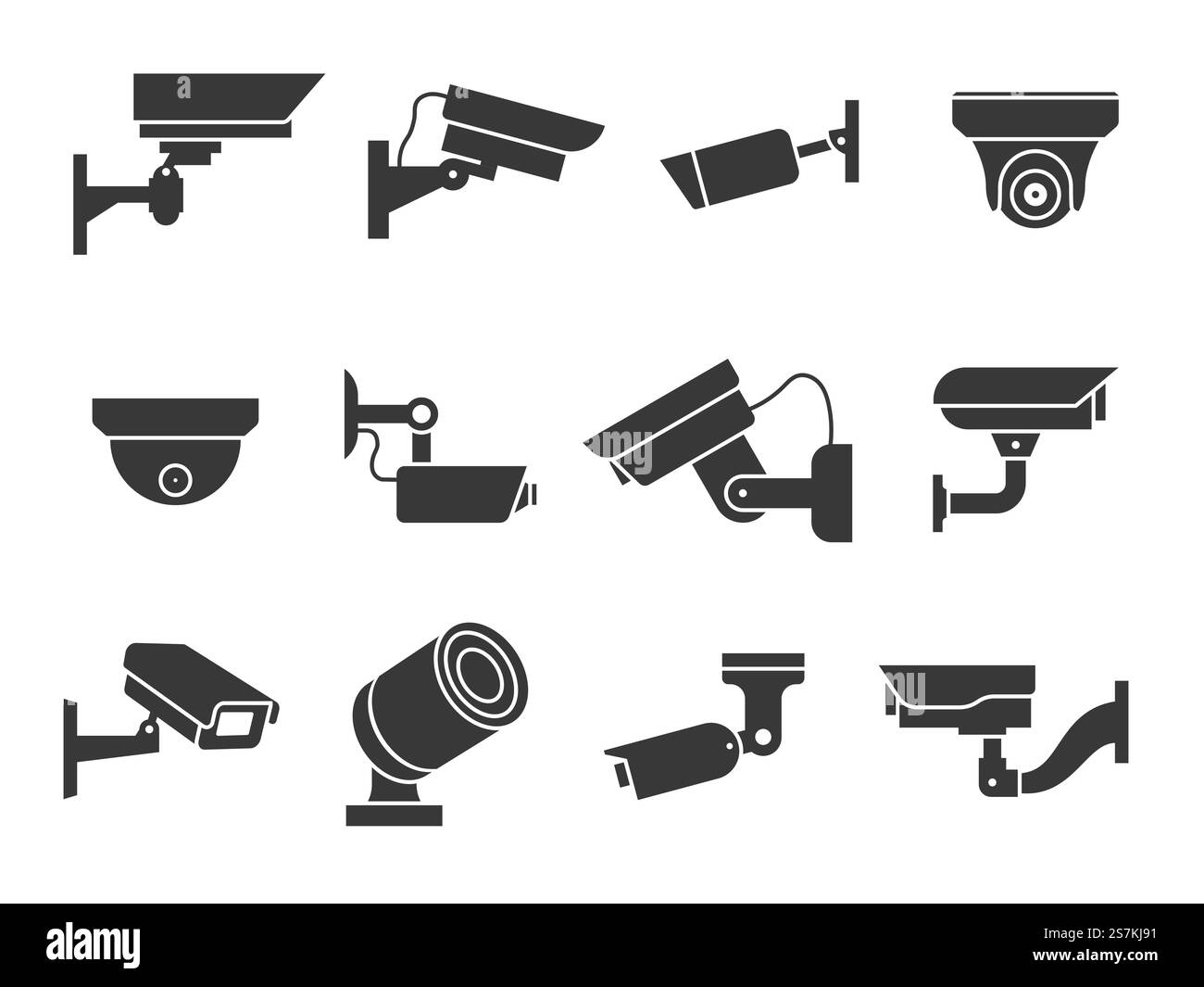 Icônes CCTV. Caméra de sécurité, surveillance vidéo d'équipement de garde pour la rue, la maison et le bâtiment, privé et industrie observent le crime d'avertissement, signes vectoriels de sécurité numérique. Icônes CCTV. Caméra de sécurité, surveillance vidéo de l'équipement de garde, privé et industrie observent le crime d'avertissement, signes vectoriels de sécurité numérique Illustration de Vecteur
