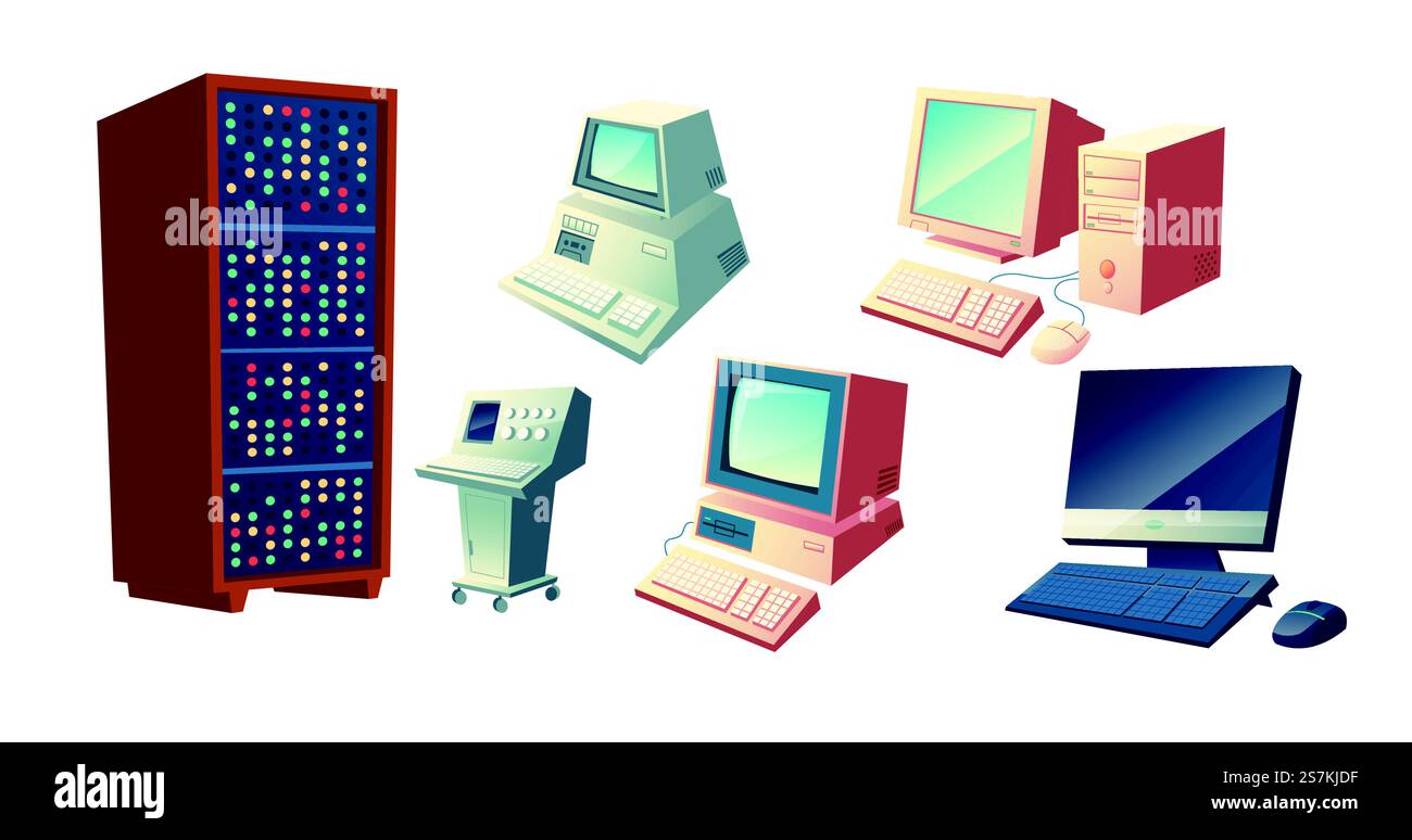 Concept de vecteur de dessin animé d'évolution d'ordinateurs. Vieilles stations informatiques vintage, unités de système rétro et moniteurs, PC de bureau moderne avec clavier et illustrations de souris isolé sur fond blanc. Ensemble vectoriel de dessin animé d'évolution d'ordinateurs personnels Illustration de Vecteur