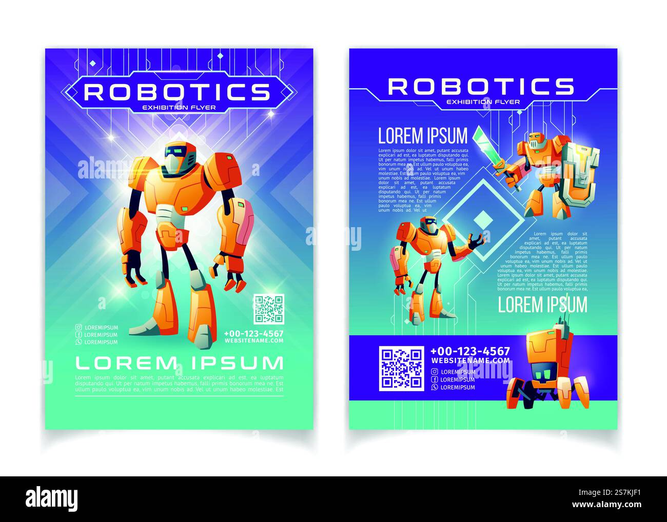 La robotique et les technologies d'intelligence artificielle exposent le modèle de pages vectorielles de flyer de bande dessinée. Brochure promotionnelle sur la conférence des fans de jeux informatiques. Illustration de personnages de cyborgs futuristes. Pages vectorielles de flyer publicitaire d'exposition robotique Illustration de Vecteur