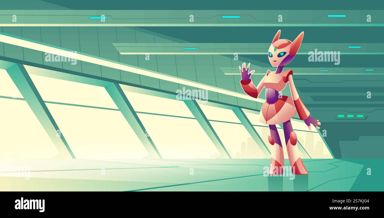 Robot extraterrestre féminin, serviteur robotique d'intelligence artificielle, personnage de chat cyborg anthropomorphe de jeu d'ordinateur, debout dans l'illustration vectorielle de dessin animé de terrasse de gratte-ciel futuriste du monde. Robot extraterrestre accueillant des invités sur vecteur de vaisseau spatial Illustration de Vecteur