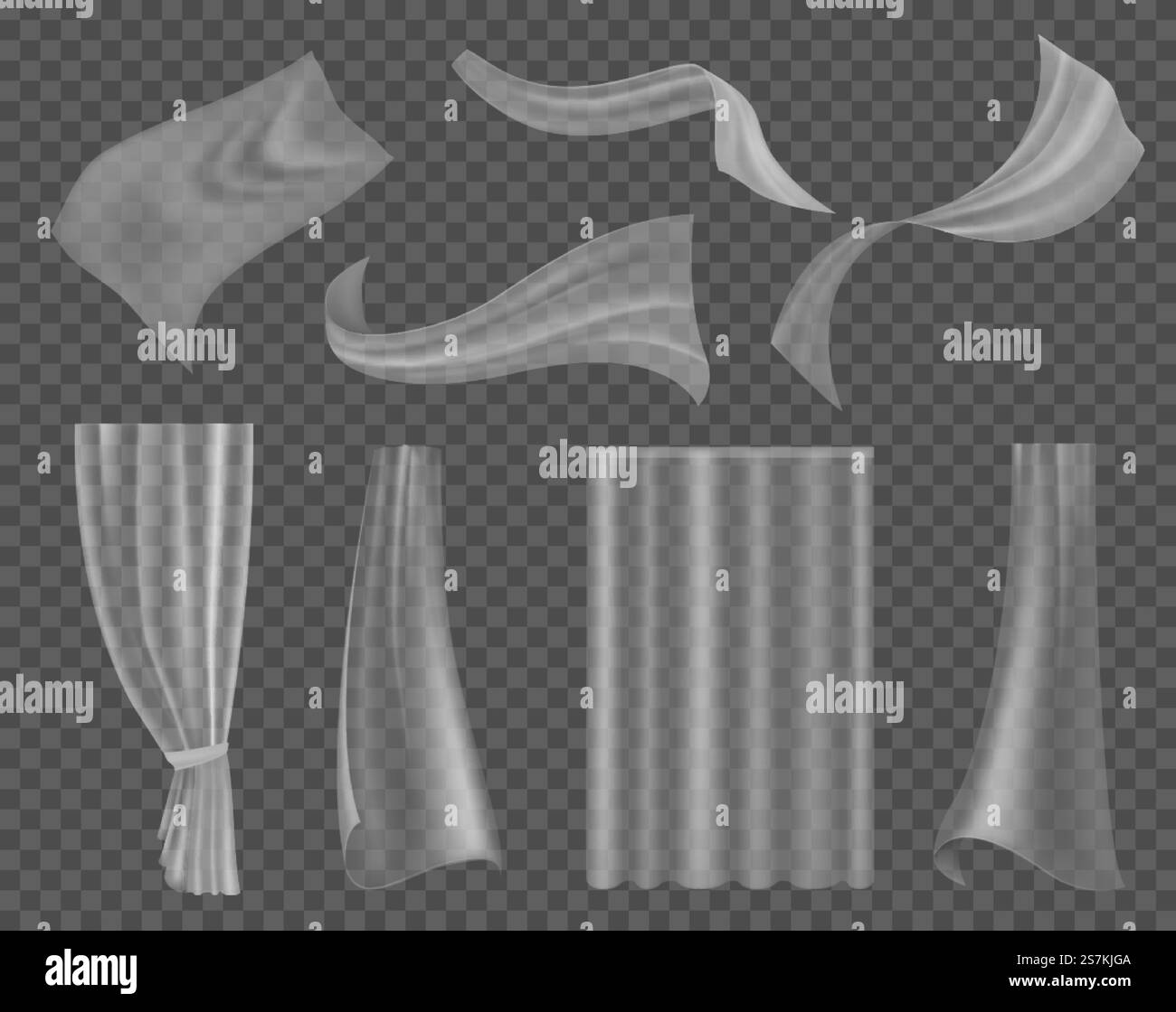 Tissu transparent flottant. Draperie claire légère de différentes formes rideau textile, rideaux suspendus de satin de vague ou de soie décor de fenêtre 3d ensemble isolé de vecteur réaliste. Tissu transparent flottant. Draperie claire légère de différentes formes rideau textile, rideaux suspendus vague décor de fenêtre 3d ensemble de vecteur Illustration de Vecteur