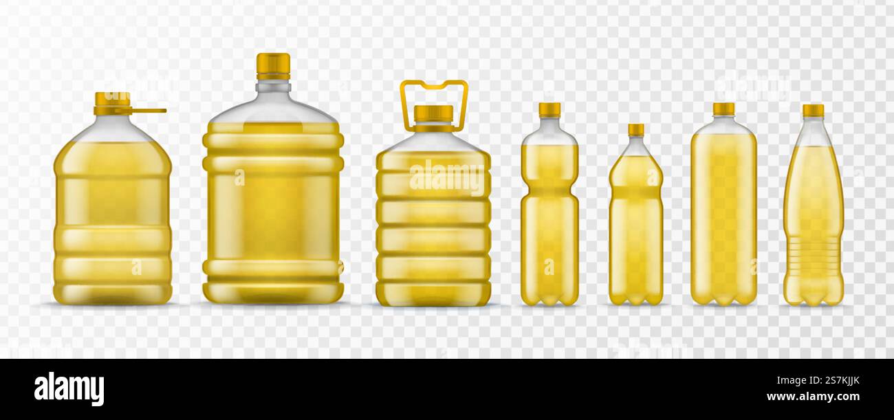 Bouteille d'huile végétale. Différentes bouteilles en plastique d'emballage avec de l'huile organique jaune, des aliments sains d'ingrédient liquide naturel, des maquettes vectorielles réalistes. Bouteille d'huile végétale. Différentes bouteilles en plastique d'emballage avec de l'huile organique jaune, aliment sain d'ingrédient naturel, maquettes vectorielles réalistes Illustration de Vecteur