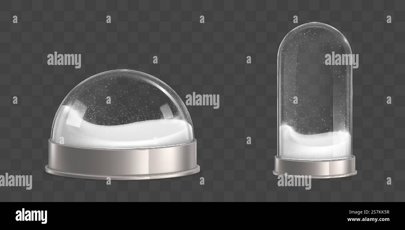 Sphérique et en forme de cloche, boules de neige vides, globes d'eau avec vol à l'intérieur des flocons de neige, verre brillant et métallique brillant, base ronde isolée 3d illustration vectorielle réaliste 3D. Maquette souvenir de Noël. Boules de neige vides avec des flocons de neige vecteur réaliste Illustration de Vecteur