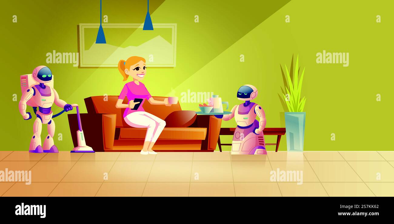 Concept de vecteur de dessin animé robot de nettoyage et de cuisson. Femme heureuse se reposant confortablement sur un canapé, buvant du café, contrôlant les domestiques robotiques de ménage avec illustration à distance. Technologies de maison intelligente. Concept de vecteur de dessin animé de technologies de robots de maison Illustration de Vecteur