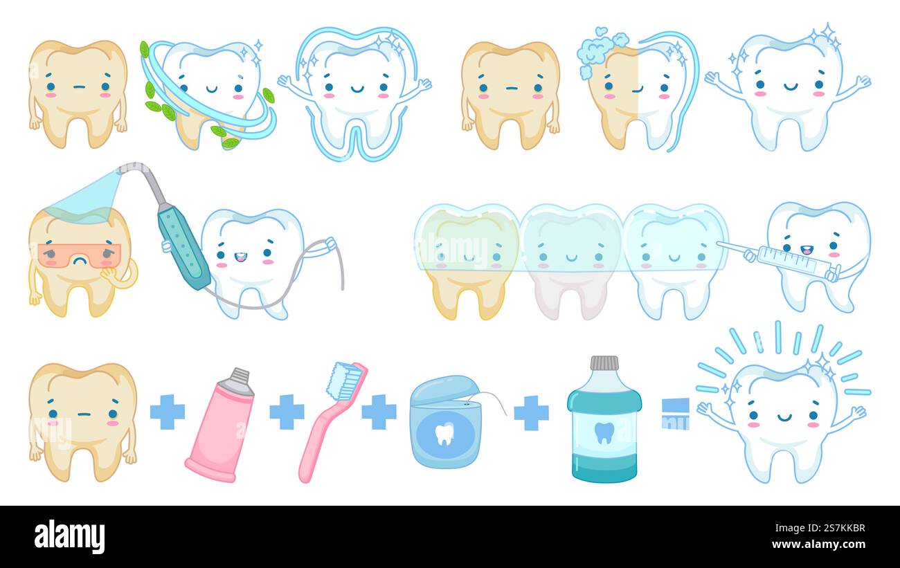 Blanchiment des dents de dessin animé. Mascotte blanche de dents propres, brossage de dents et triste ensemble d'illustration vectorielle de dents jaunes. Blanchiment dentaire sain, bouche souriante et dents propres. Blanchiment des dents de dessin animé. Mascotte blanche de dents propres, brossage de dents et triste ensemble d'illustration vectorielle de dents jaunes Illustration de Vecteur