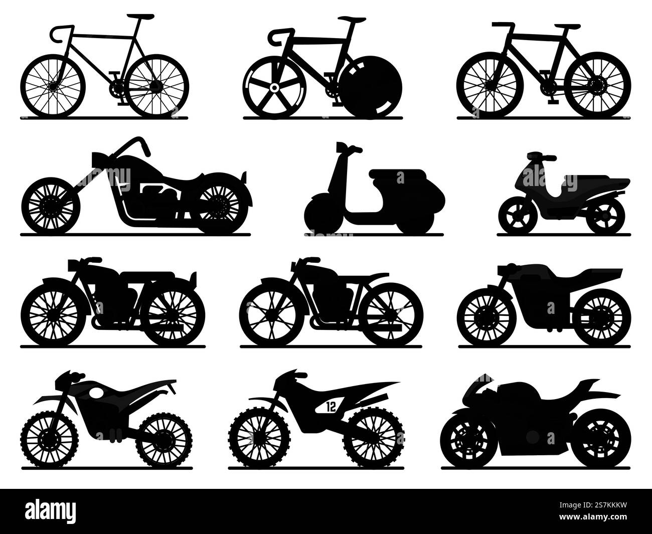 Ensemble silhouette noire moto. Motos et scooters, vélos et hoppers. Course de vitesse et livraison de véhicules rétro et modernes voyage et sport plat vecteur de transport de moteur détail collection de pictogramme. Silhouettes noires de moto. Motos et scooters, vélos et hoppers. Course de vitesse et livraison rétro et moderne véhicules vectoriels collection de détails de transport de moteur Illustration de Vecteur