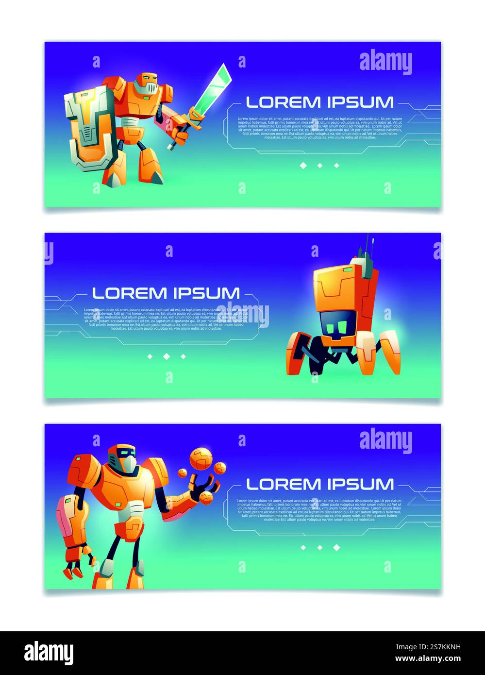 Service en ligne d'intelligence artificielle, démarrage de technologies robotiques, bannières web vectorielles de dessin animé de portail de jeu d'ordinateur avec divers humanoïdes de conception et illustration de robots futuristes de quatre pieds. Bannières web vectorielles de dessins animés d'organismes cybernétiques Illustration de Vecteur