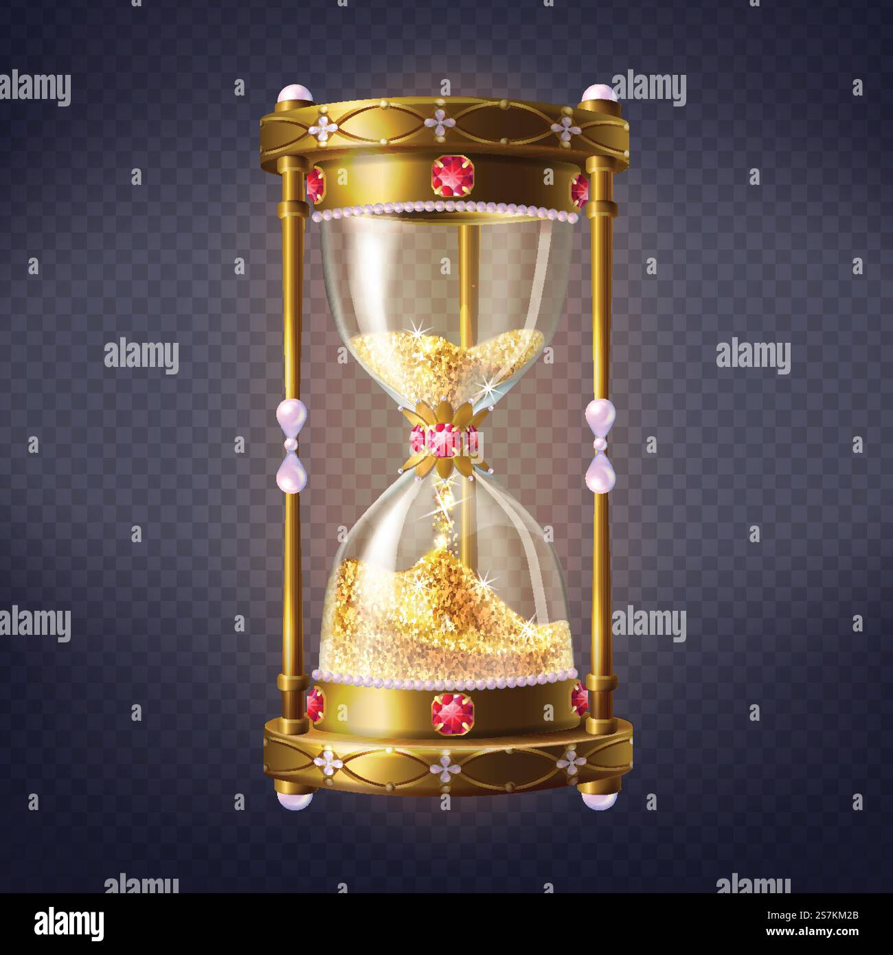 Horloge de sable doré rubis incrustés et perls avec du sable brillant doré à l'intérieur du vecteur réaliste 3d isolé sur fond transparent. Illustration originale de bijoux. Flux de temps précieux, le temps est concept d'argent Illustration de Vecteur