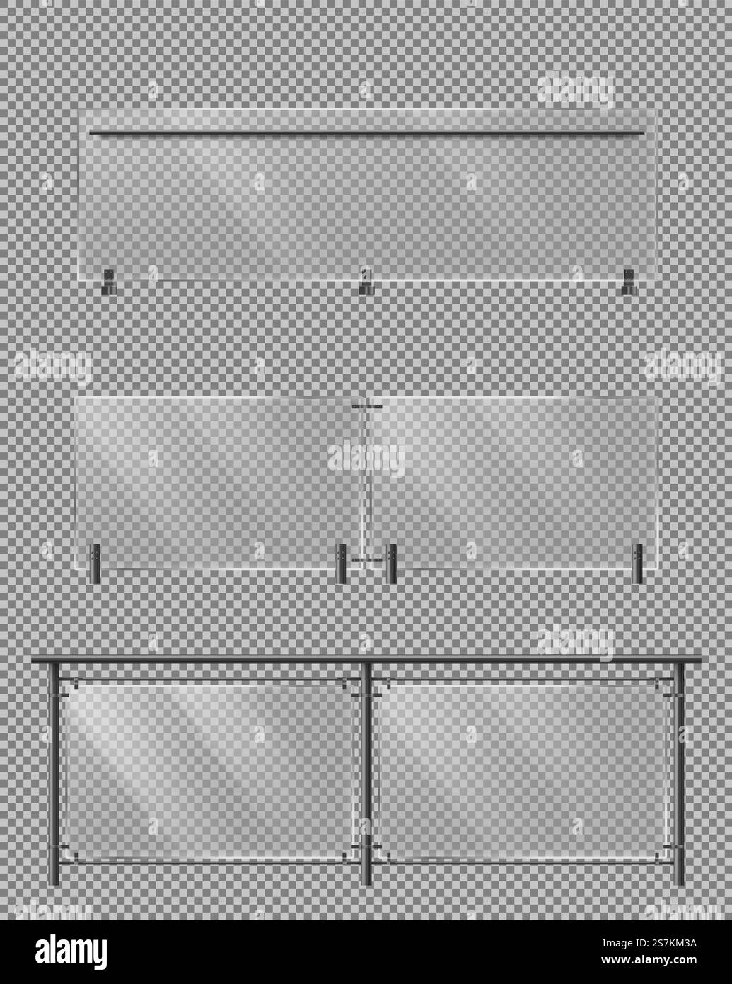 Sections de clôture en verre avec mains courantes en tube métallique et feuilles de plexiglas transparentes pour escaliers de maison, balcon ou terrasse de bâtiment, clôtures de bord de route isolées 3d illustrations vectorielles réalistes 3D. Clôture en verre, ensemble de vecteur réaliste de main courante en métal Illustration de Vecteur