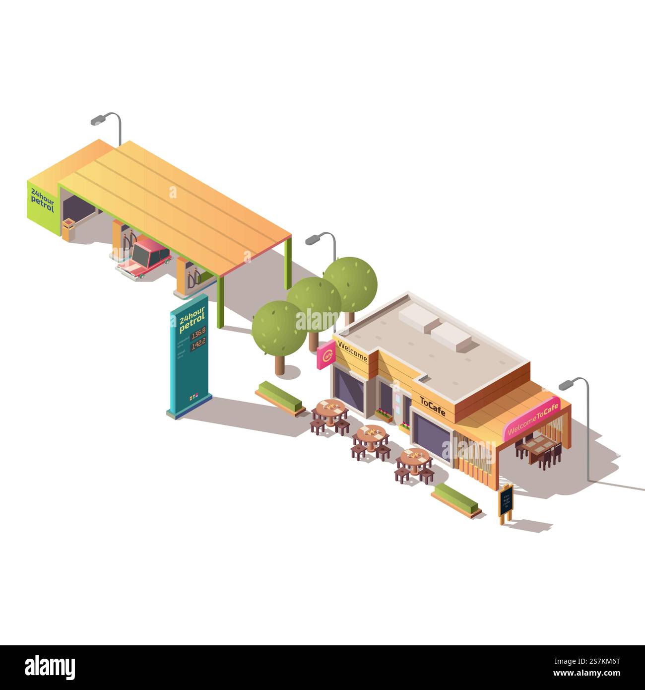 24 heures sur 24 ravitaillement, station-service, café routier avec illustration vectorielle isométrique de sièges extérieurs isolée sur fond blanc. Architecture urbaine, infrastructures de transport, éléments de design urbain. Station-service et vecteur isométrique de café routier Illustration de Vecteur