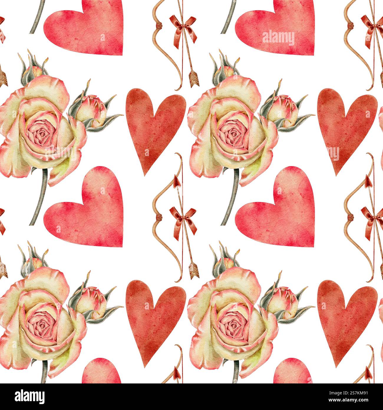 Coeurs rouges et roses, roses, arc et flèche avec petit motif sans couture d'arc sur blanc. Pour tissus, textiles, emballages et cartes pour la Saint-Valentin, la fête des femmes et la fête des mères. Banque D'Images