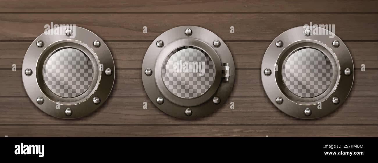 Hublots transparents pour bateau sur mur en bois. Vecteur arrière-plan réaliste de l'intérieur de bord avec des illuminateurs de fenêtres rondes en laiton en métal avec des rivets. Hublots de bateau réalistes sur mur en bois Illustration de Vecteur