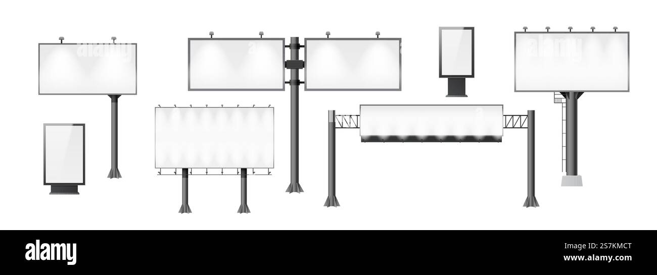 Jeu de panneaux d'affichage. Maquette publicitaire différente, construction vide de signalisation vierge pour les annonces de rue extérieures. Bannières verticales et horizontales. illustration vectorielle 3d. Jeu de panneaux d'affichage. Maquette publicitaire, construction vide de signalisation pour les annonces de rue extérieures Illustration de Vecteur