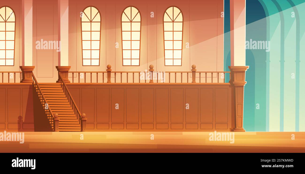Château médiéval, église ou cathédrale hall spacieux avec escalier en bois sur balcon avec de grandes fenêtres et colonnes de dessin animé fond de vecteur. Illustration d'intérieur de bâtiment d'architecture gothique antique. Château, salle de la cathédrale avec vecteur de dessin animé balcon Illustration de Vecteur
