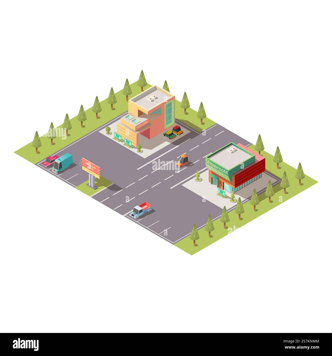 Centre de concession de vente de voitures neuves, salon automobile, bâtiments de salle d'exposition de magasin de véhicules avec voiture allant sur la route, garé sur le vecteur isométrique isolé de la zone de stationnement. Illustration immobilière commerciale de ville. Vecteur isomérique des bâtiments d'exposition de concession automobile Illustration de Vecteur