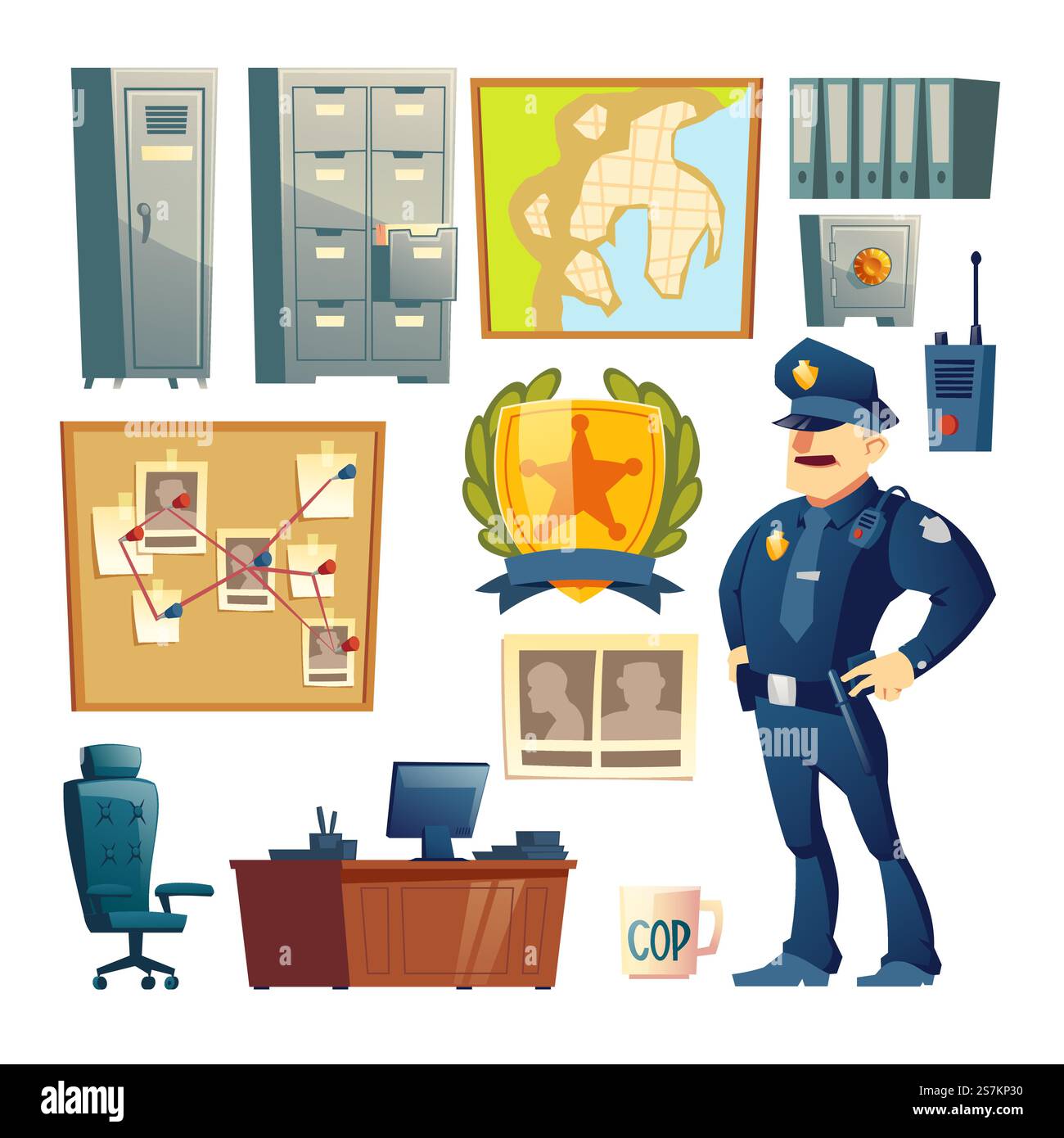 Poste de police, service d'enquêtes spéciales, mobilier de lieu de travail de détective privé et éléments de design intérieur, caractère d'agent de police en uniforme isolé, ensemble d'illustrations vectorielles de dessins animés. Ensemble de vecteur de dessin animé d'élément intérieur de station de police Illustration de Vecteur